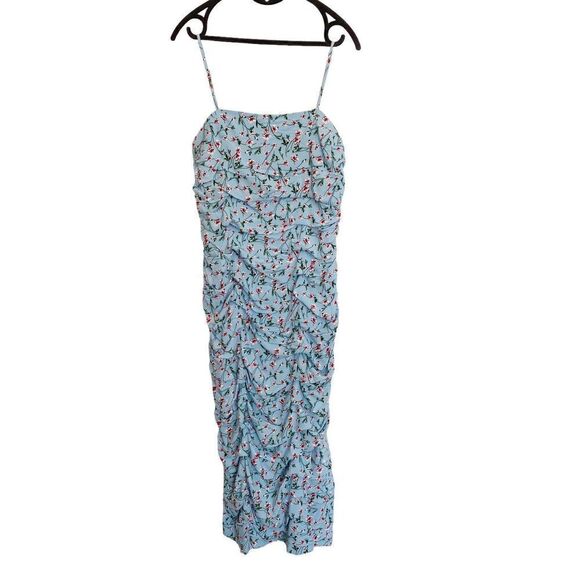 Bardot ruched midi dress Size 8 Medium Sky Roses Floral Side Slit Blue - Picture 1 of 8